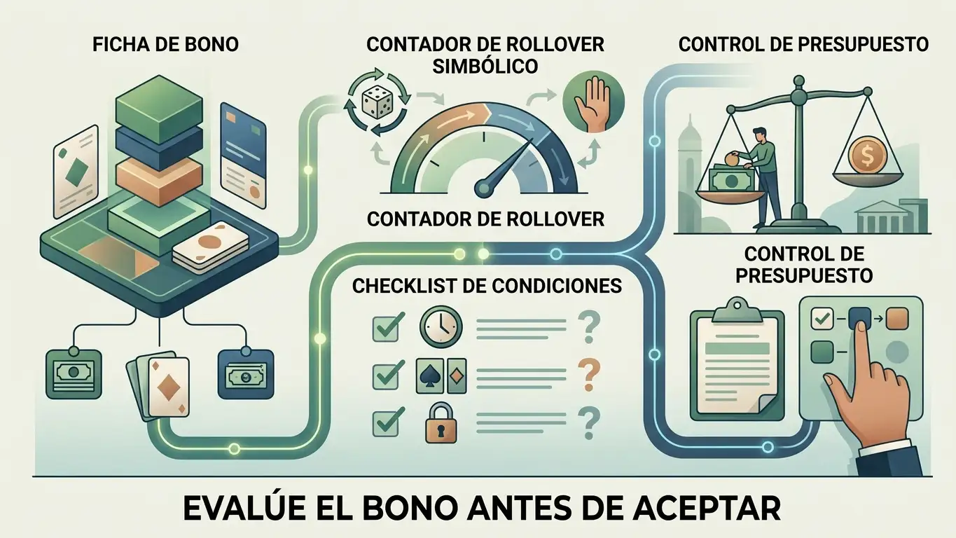 Ilustración editorial sobre cómo evaluar un bono de casino por sus condiciones y no solo por el importe