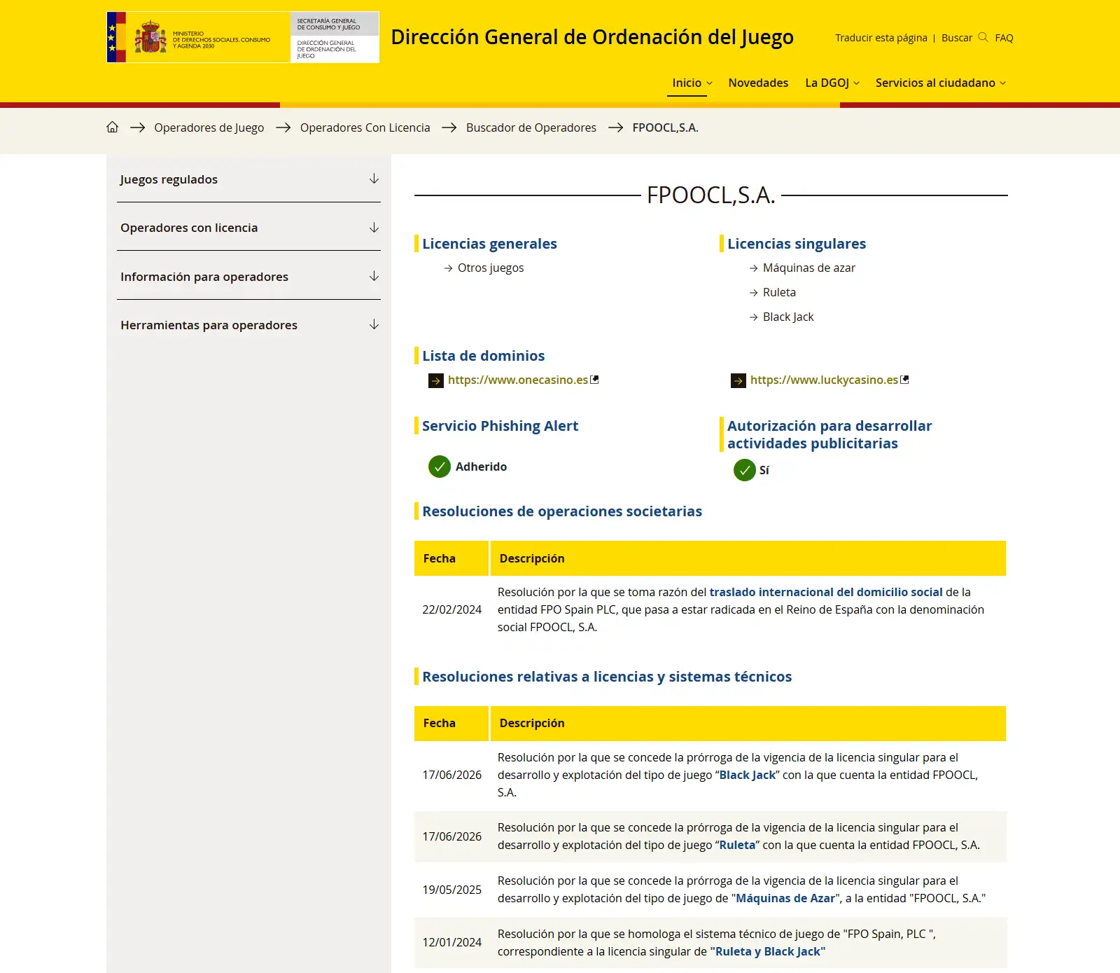 Registro DGOJ de FPOOCL S.A. con sus dominios y títulos habilitantes
