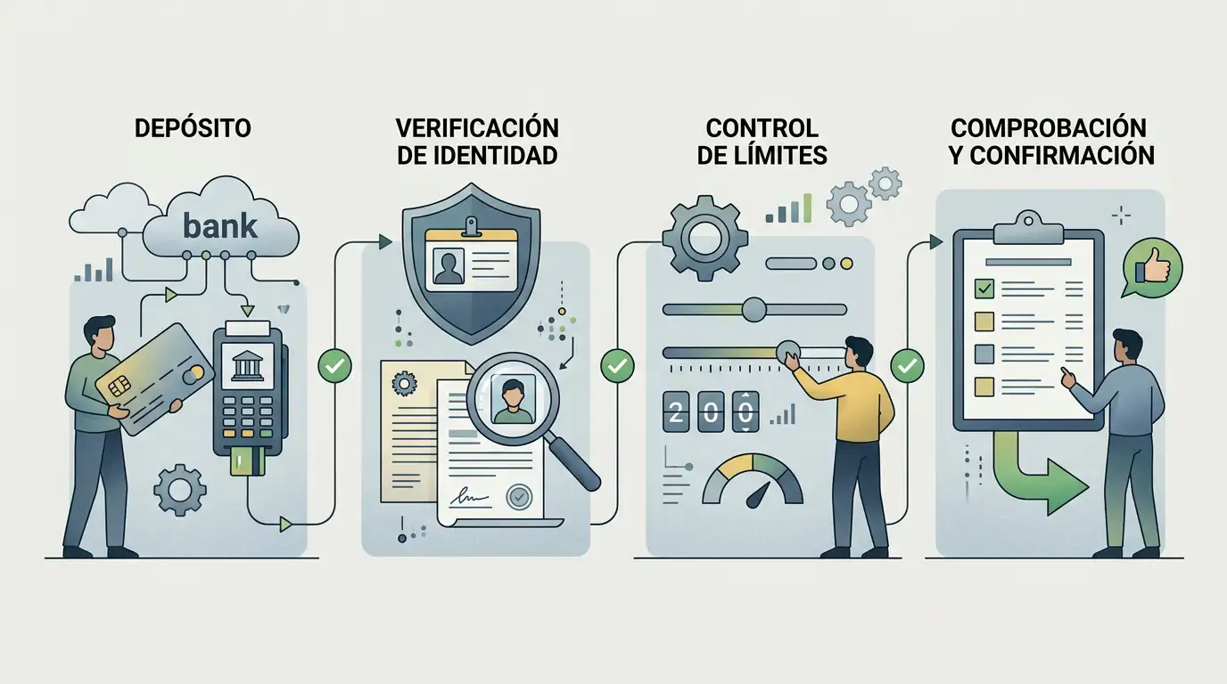 Ilustración editorial de un flujo de pago online con depósito, verificación y límites sin marcas comerciales