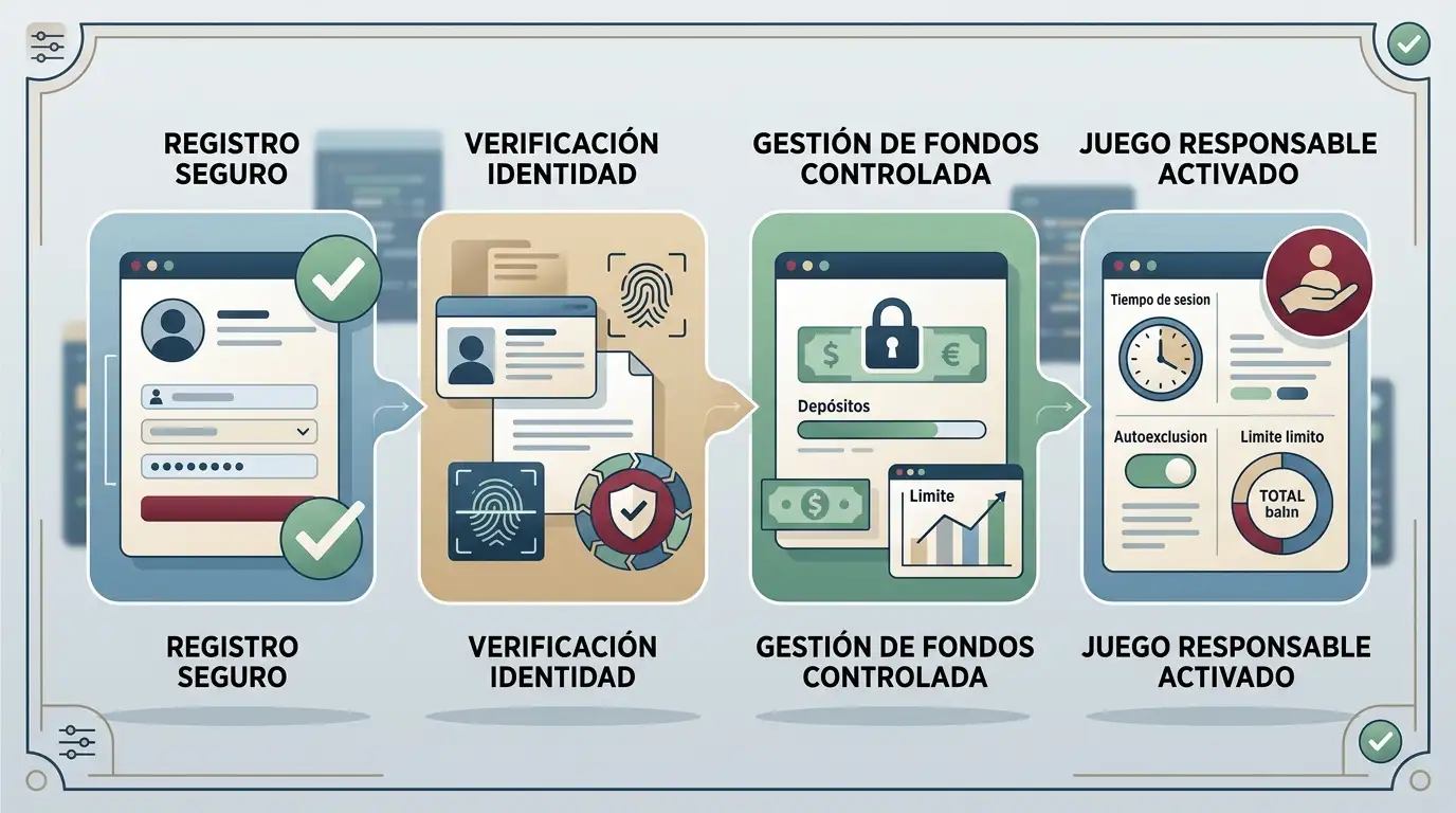 Ilustración editorial de un proceso de registro online con verificación de identidad y controles regulatorios