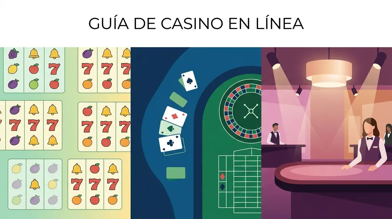 Ilustración editorial de un catálogo de casino dividido entre tragaperras, mesa y casino en vivo