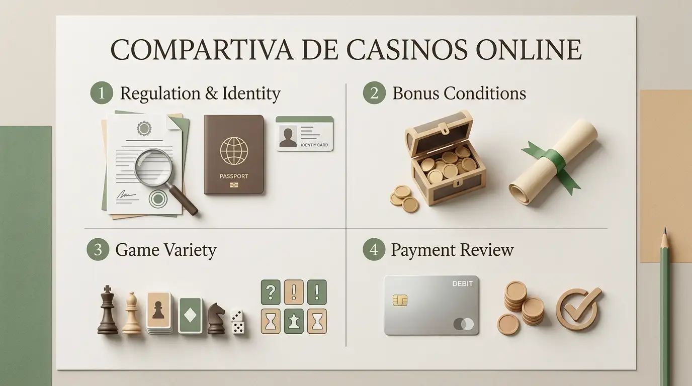 Checklist visual de licencia, bono, juegos y pagos para evaluar LuckyCasino España