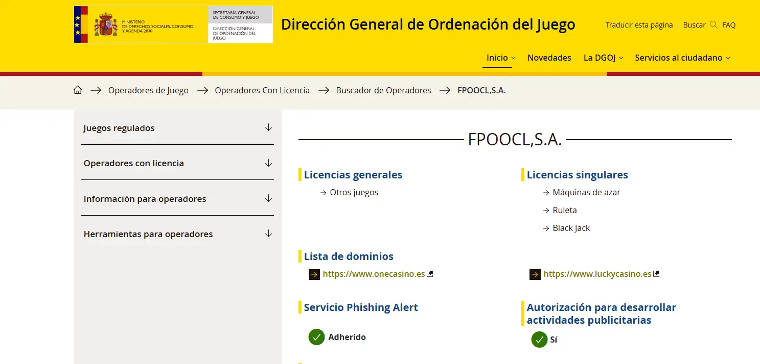 Registro oficial de la DGOJ con FPOOCL S.A. y luckycasino.es entre sus dominios